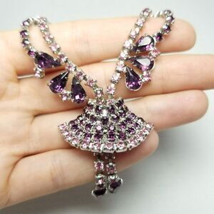 Vintage Purple Rhinestone Bell Shape Tutu Pendant Necklace, Retro Unique Design